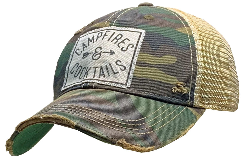 "Campfires & Cocktails" Distressed Trucker Cap Hat
