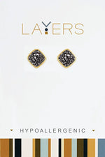 Gold Square Druzy Charcoal Stud Layers Earrings 30G