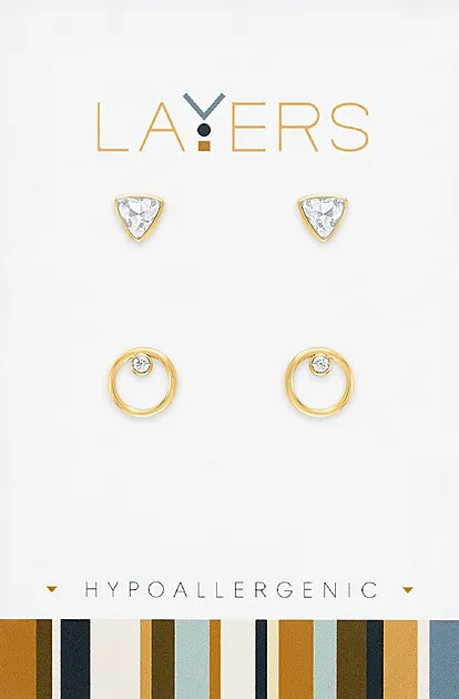 Gold Triangle CZ & Open Circle CZ Pair Duo Stud Layers Earrings Lay-Ear78-G