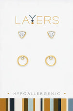 Gold Triangle CZ & Open Circle CZ Pair Duo Stud Layers Earrings Lay-Ear78-G